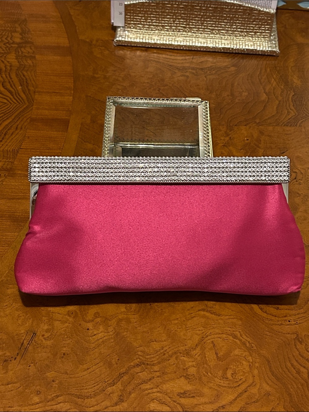 Hot Pink Satin Clutch with Rhinestone Frame